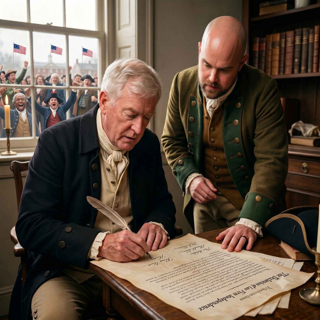 Ben and Brian Glass signing The Declaration of Law Firm Independence with a quill, in revolutionary-era dress